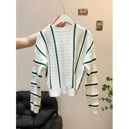 FA49621# 秋季小众不撞款高级感超好看慵懒风韩系松弛感绿色条纹针织开衫女