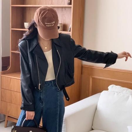 FA49622# 欧货翻领短款pu皮外套女秋冬新款高级感机车炸街小个子皮夹克
