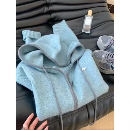 FA49623# 绵羊绒慵懒风蓝色双拉链连帽毛衣女韩系宽松针织开衫