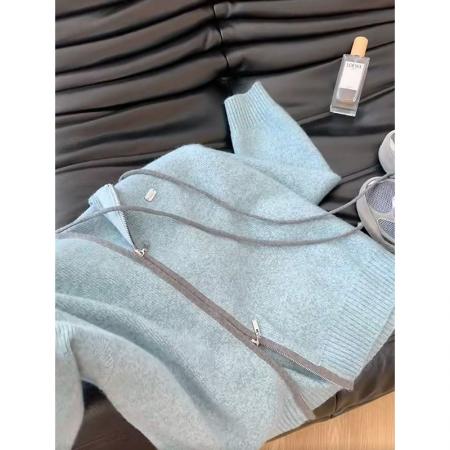 FA49623# 绵羊绒慵懒风蓝色双拉链连帽毛衣女韩系宽松针织开衫