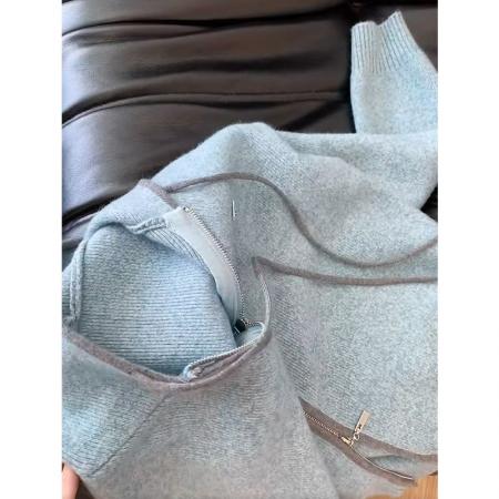 FA49623# 绵羊绒慵懒风蓝色双拉链连帽毛衣女韩系宽松针织开衫
