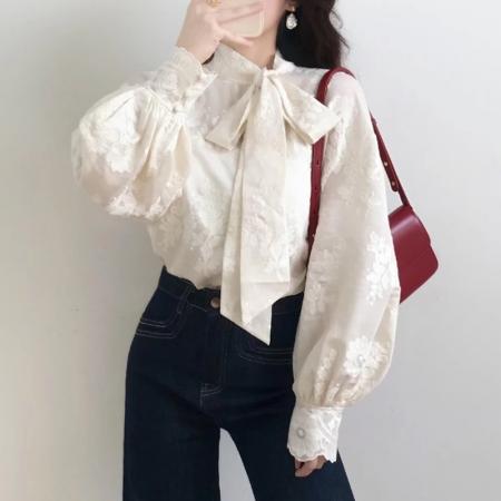 FA49625# 秋装法式独特精致小上衣气质轻奢高级感绝美蕾丝花边系带白色衬衫