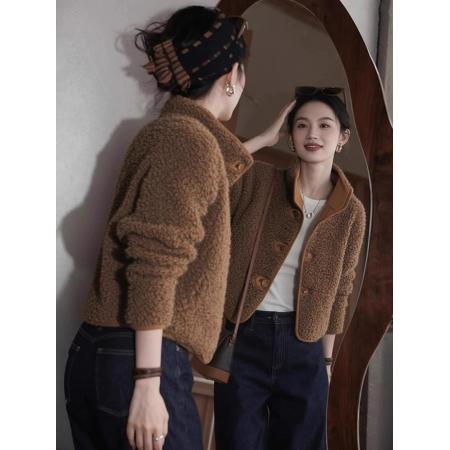 FA49627# 复古通勤风羊羔毛外套女秋冬新款时髦减龄咖色加厚毛呢开衫