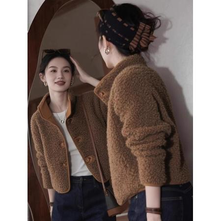 FA49627# 复古通勤风羊羔毛外套女秋冬新款时髦减龄咖色加厚毛呢开衫