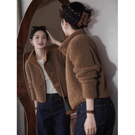 FA49627# 复古通勤风羊羔毛外套女秋冬新款时髦减龄咖色加厚毛呢开衫