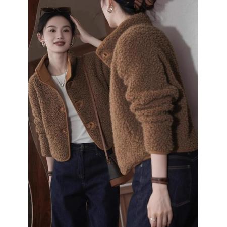 FA49627# 复古通勤风羊羔毛外套女秋冬新款时髦减龄咖色加厚毛呢开衫