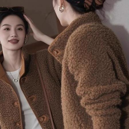 FA49627# 复古通勤风羊羔毛外套女秋冬新款时髦减龄咖色加厚毛呢开衫
