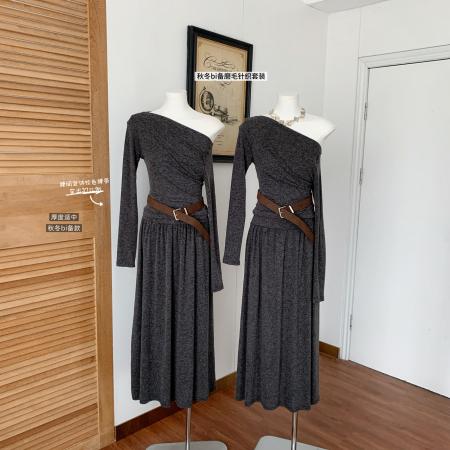 FA49629# 百搭斜肩修身长袖上t恤上衣秋冬显瘦高腰半身裙套装