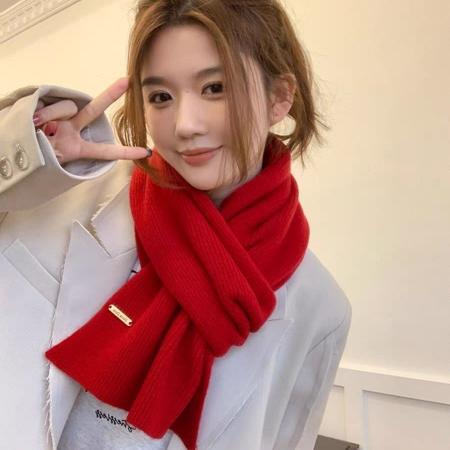 FA49638# 围巾冬季波尔多安可拉新款毛线针织纯色女士韩系加厚红色保暖百搭