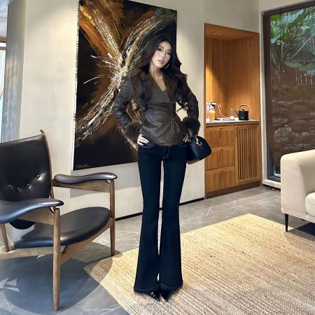 FA49641# 复古咖色毛毛领皮衣外套女秋冬季加厚高级感气质修身短款夹克上衣