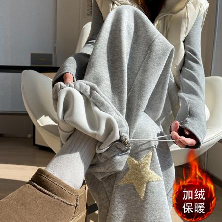 FA49643# 星星刺绣运动卫裤女秋冬加绒美式慵懒风显瘦阔腿休闲拖地裤子