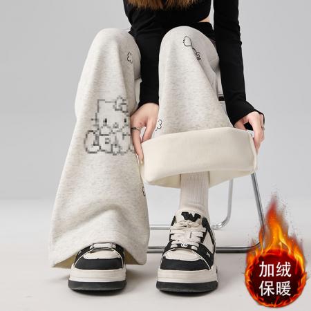 FA49644# 秋冬加绒慵懒风卡通印花阔腿长裤女休闲显瘦百搭运动卫裤