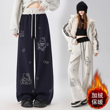 FA49644# 秋冬加绒慵懒风卡通印花阔腿长裤女休闲显瘦百搭运动卫裤