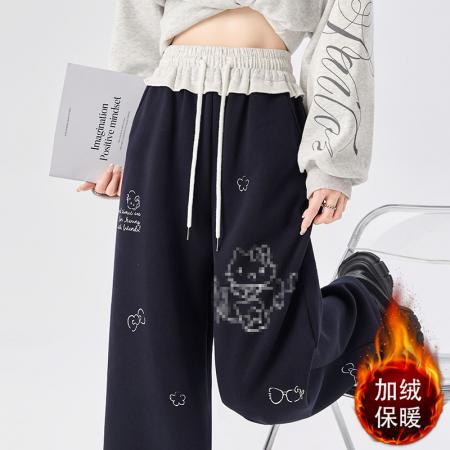 FA49644# 秋冬加绒慵懒风卡通印花阔腿长裤女休闲显瘦百搭运动卫裤