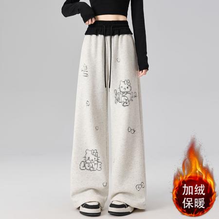 FA49644# 秋冬加绒慵懒风卡通印花阔腿长裤女休闲显瘦百搭运动卫裤