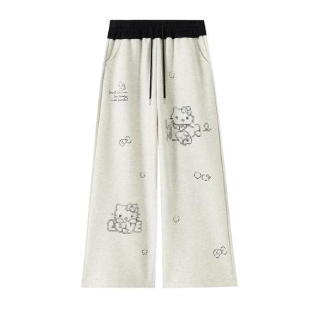 FA49644# 秋冬加绒慵懒风卡通印花阔腿长裤女休闲显瘦百搭运动卫裤