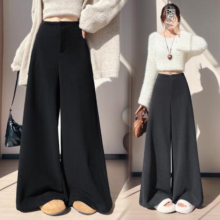 FA49645# 秋冬新款加厚毛呢羊绒西装阔腿裤女高腰直筒休闲拖地长裤