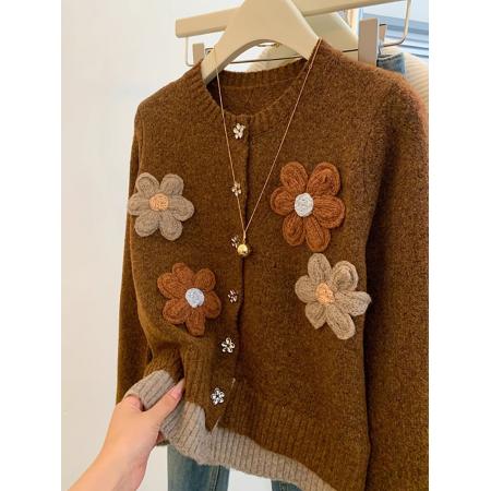 FA49646# 小香风短款毛衣外套女春秋款大码mm时髦洋气上衣立体花朵针织开衫