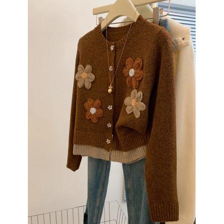 FA49646# 小香风短款毛衣外套女春秋款大码mm时髦洋气上衣立体花朵针织开衫