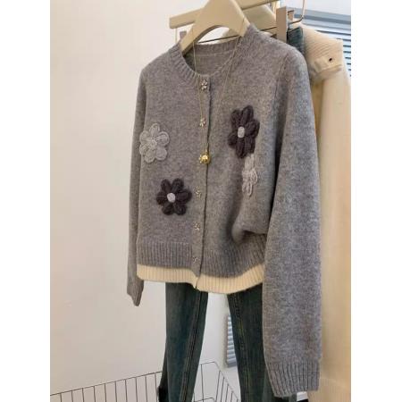 FA49646# 小香风短款毛衣外套女春秋款大码mm时髦洋气上衣立体花朵针织开衫