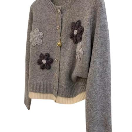 FA49646# 小香风短款毛衣外套女春秋款大码mm时髦洋气上衣立体花朵针织开衫