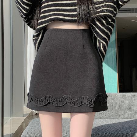 FA49650# 花边拼接百搭A字短裙子女秋冬新款韩版防走光毛呢半身裙