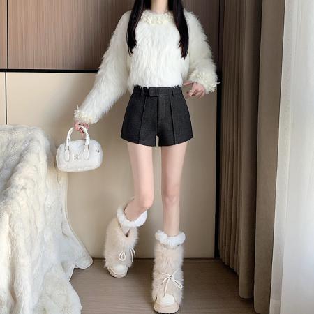 FA49653# 高级感辣妹a字靴裤女秋冬新款加厚毛呢高腰百搭显腿热裤短裤