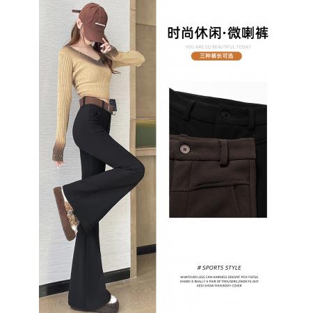 FA49657# 秋冬加绒复古皮带弹力保暖小个子显瘦微喇叭高腰修身马蹄裤