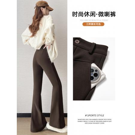 FA49657# 秋冬加绒复古皮带弹力保暖小个子显瘦微喇叭高腰修身马蹄裤