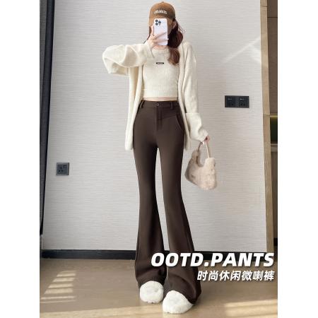 FA49657# 秋冬加绒复古皮带弹力保暖小个子显瘦微喇叭高腰修身马蹄裤