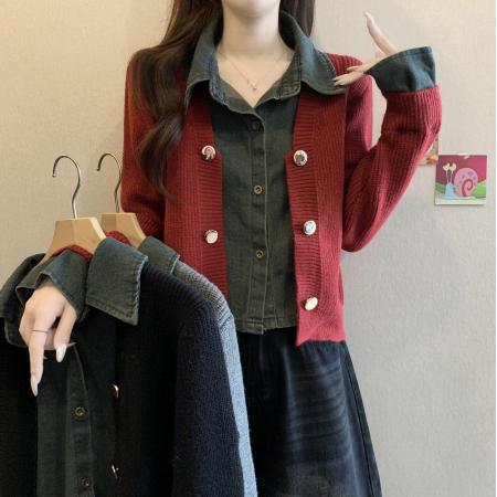 FA49658# 法式牛仔拼接高级设计感长袖针织上衣大码女秋冬新款假两件套