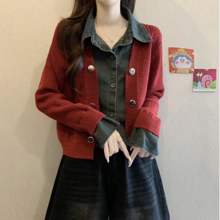 FA49658# 法式牛仔拼接高级设计感长袖针织上衣大码女秋冬新款假两件套