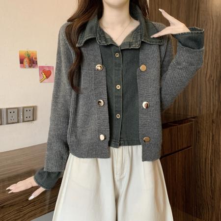 FA49658# 法式牛仔拼接高级设计感长袖针织上衣大码女秋冬新款假两件套