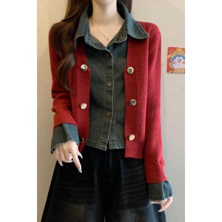 FA49658# 法式牛仔拼接高级设计感长袖针织上衣大码女秋冬新款假两件套