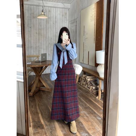 FA49659# 大码女装胖妹妹mm显瘦连衣裙法式复古风格纹衬衫裙