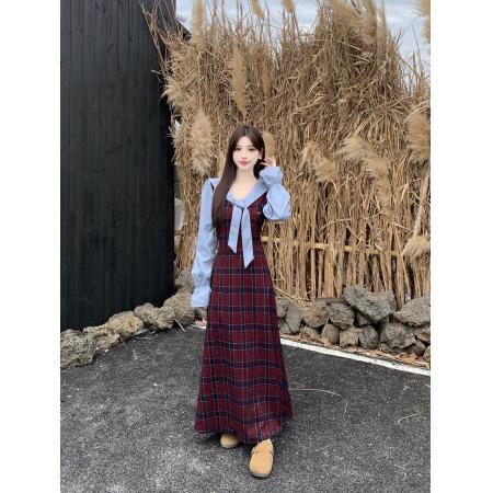 FA49659# 大码女装胖妹妹mm显瘦连衣裙法式复古风格纹衬衫裙