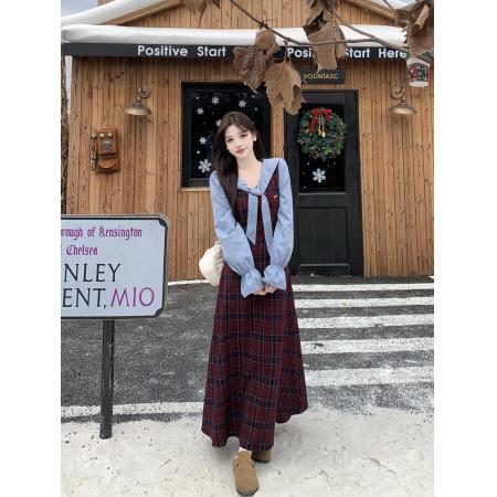 FA49659# 大码女装胖妹妹mm显瘦连衣裙法式复古风格纹衬衫裙