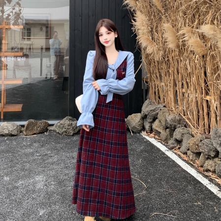 FA49659# 大码女装胖妹妹mm显瘦连衣裙法式复古风格纹衬衫裙