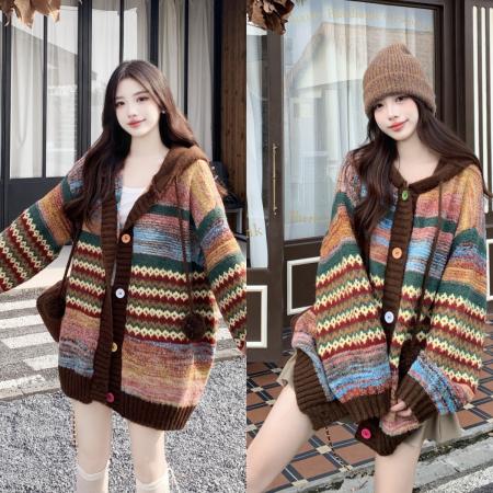 FA49660# 大码女装复古撞色条纹连帽毛衣外套秋季微胖mm宽松显瘦针织衫上衣