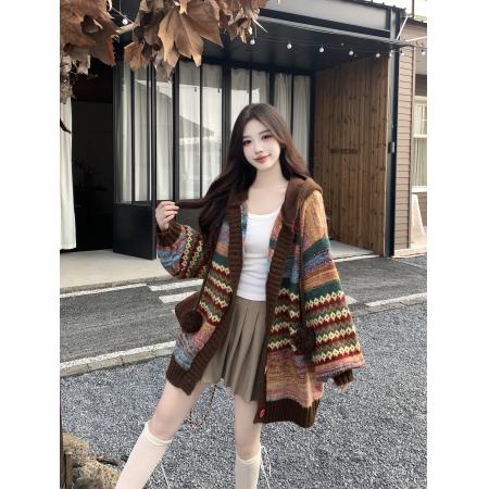 FA49660# 大码女装复古撞色条纹连帽毛衣外套秋季微胖mm宽松显瘦针织衫上衣