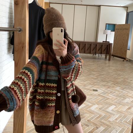 FA49660# 大码女装复古撞色条纹连帽毛衣外套秋季微胖mm宽松显瘦针织衫上衣