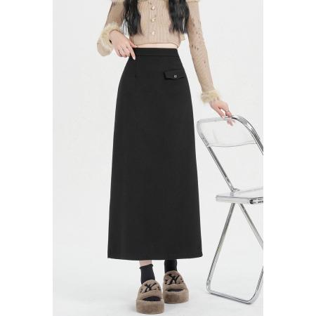 FA49661# 厚毛呢半身裙女冬新款显瘦复古开叉设计感a字裙中长裙子