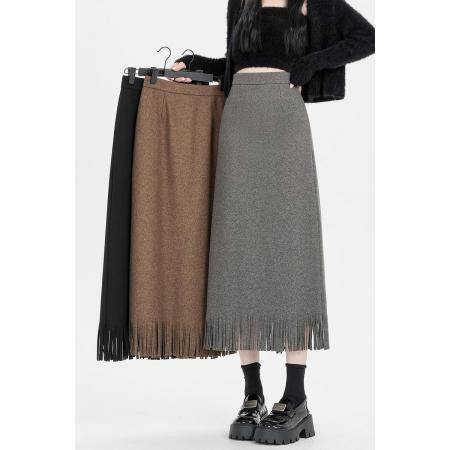 FA49662# 厚毛呢料流苏半身裙女冬长款高腰a字裙直筒显瘦一步包臀裙子