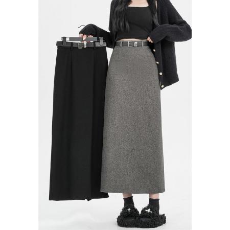 FA49663# 厚毛呢半身裙女冬新款一步裙中长款直筒开叉气质黑色裙子