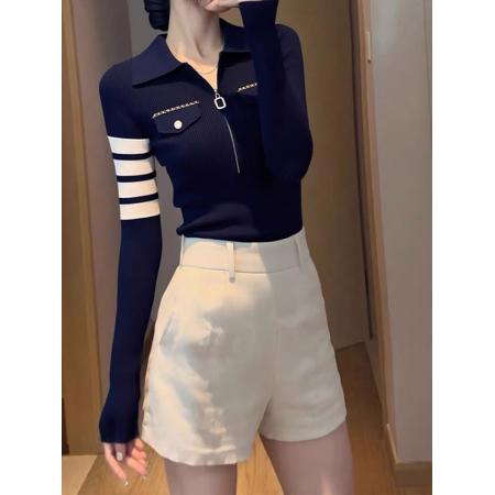 FA49666# 法式小香风Polo领T恤女秋装新款修身显瘦拉链针织百搭打底衫