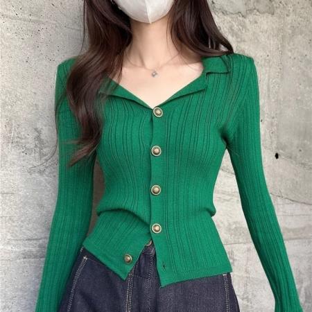 FA49667# 复古港风翻领针织开衫女秋冬高级感气质长袖修身显瘦内搭打底上衣