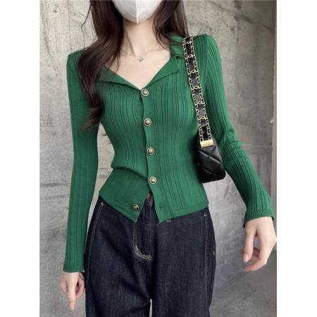 FA49667# 复古港风翻领针织开衫女秋冬高级感气质长袖修身显瘦内搭打底上衣