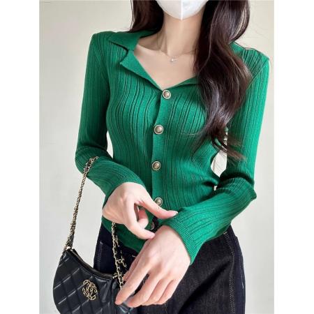 FA49667# 复古港风翻领针织开衫女秋冬高级感气质长袖修身显瘦内搭打底上衣