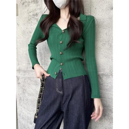 FA49667# 复古港风翻领针织开衫女秋冬高级感气质长袖修身显瘦内搭打底上衣