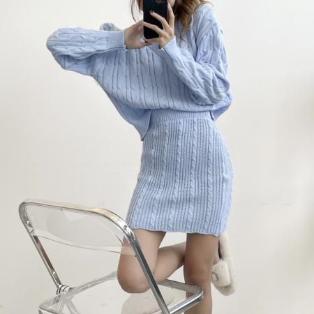 FA49669# 韩国chicV领麻花纹长袖针织毛衣+高腰显瘦包臀半身裙女